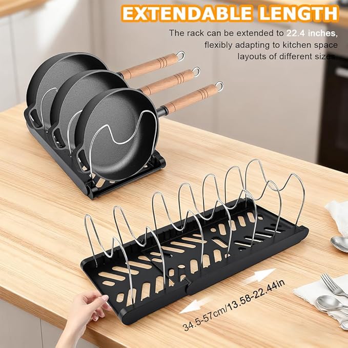 DiQiRenQin Pot and Pan Organizer, Expandable Pan Organizer for Cabinet, Pot Lid Holder with 10 Adjustable Compartments for Kitchen Cabinet Cookware Baking Frying Rack(Black)