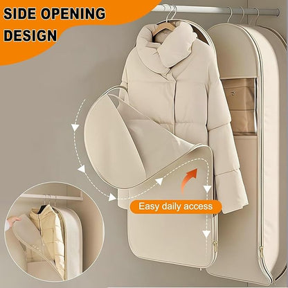 Space Saving Hanging Garment Bag with Self Compression Zipper, 2025 New Large Capacity Long Hanging Clothes Compression,Thick Satin Fabric Dust Cover Clothes Suit Bags for Coats, Down,Dress(Beige,XL)