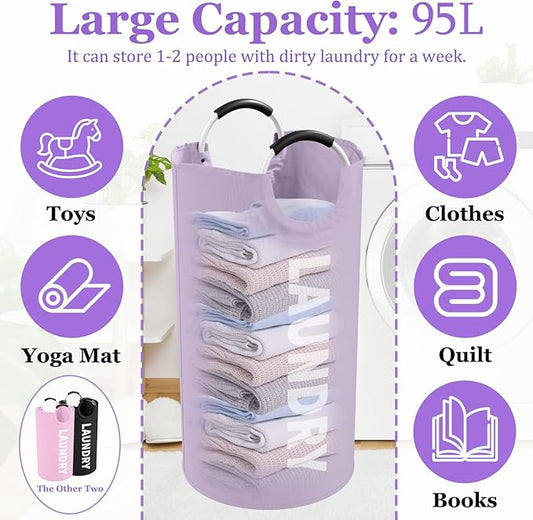 3Pack Folding Clothes Hamper with Handles, 95L Tall Laundry Basket Organizer, Durable Laundry Bags, Large Dirty Clothes Hamper for Family, Travelling, Camping, Purple + Pink + Black