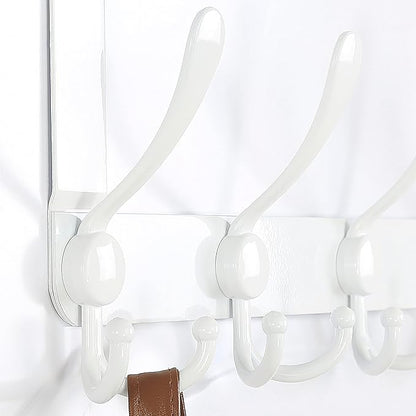 SKOLOO Over The Door Hook - for Doors up to 1-3/4'' Thickness, Pack of 2, Metal Door Hanger with 5 Triple Hooks, Over The Door Hanger for Coats, Hats,Towels, White, Assembly Required