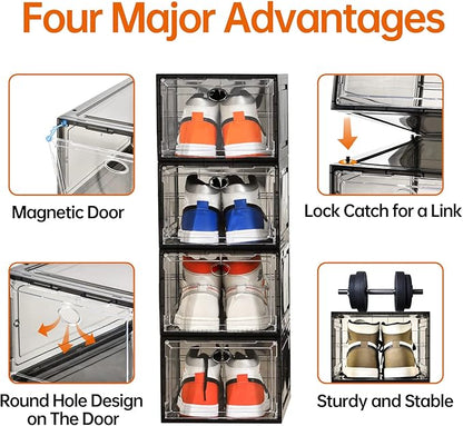 Amllas 12 Pack Shoe Boxes Stackable,Upgraded Sturdy Shoe Storage Boxes with Clear Magnetic Door,Multifunctional Sneaker Storage, Shoe Box Organizer Fit up to US Size 12 Gray(13.8”x 9.84”x 7.1”)