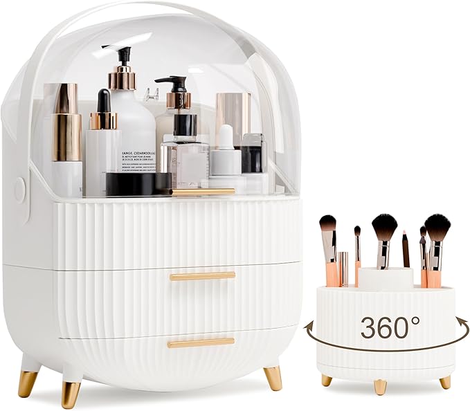 lurcns Makeup Organizers and Storage Make up Organizer for Vanity Cosmetics Skincare With Lid and Drawers Display Cases for Countertop Bathroom Women Teenager Girl Gifts(White+Brush Holder)