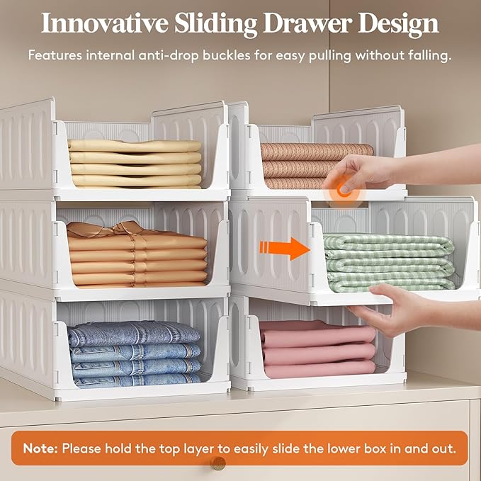 Lifewit 6 Pack Stackable Closet Organizers and Storage Basket for Clothes, Plastic Storage Bins for Wardrobe, Multifunctional Drawer Organizer for Bathroom, Kitchen, Laundry Room, Office, Dorm, White