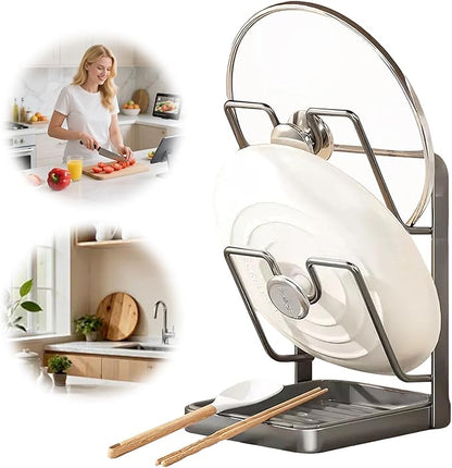 Pot Lid Organizer and Holder, Kitchen Countertop Storage Rack with Removable Drip Tray & Spoon Rest, 2-Tier Space-Saving Stand for Pots and Pans Lids