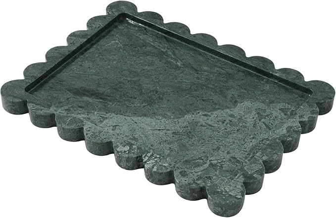 Faticdorr Natural Marble Scalloped Tray 10.8" x 8", Marble Vanity Tray for Jewelry Trinket Cosmetics Perfume Candle, Luxury Decorative Trays for Bathroom Kitchen Dresser Countertop, Green