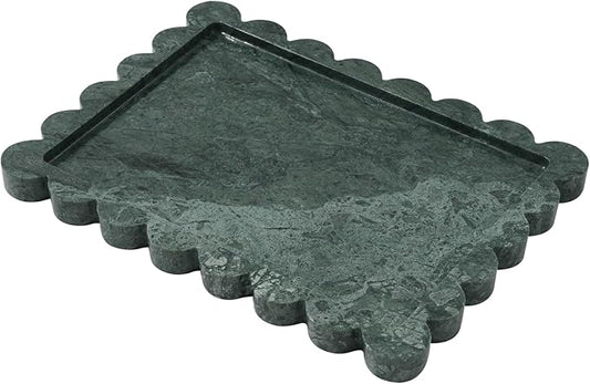 Faticdorr Natural Marble Scalloped Tray 10.8" x 8", Marble Vanity Tray for Jewelry Trinket Cosmetics Perfume Candle, Luxury Decorative Trays for Bathroom Kitchen Dresser Countertop, Green