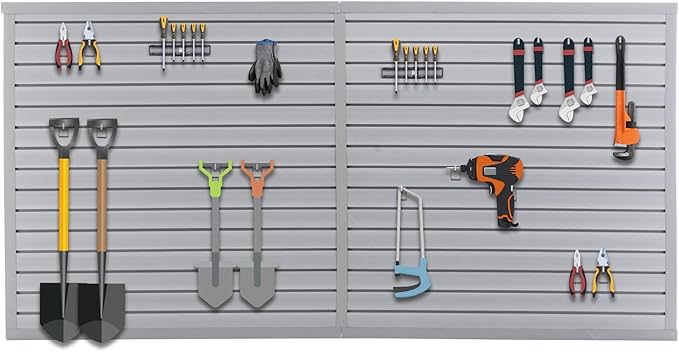 Heavy Duty PVC Slatwall Garage Organizer System, 8ft x 4ft Wall Mounted Panel Kit with 10 Hooks, 75lb/sq ft Capacity, Charcoal Grey Tool Storage Rack for Workshop & Retail Display