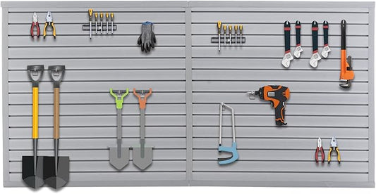 Heavy Duty PVC Slatwall Garage Organizer System, 8ft x 4ft Wall Mounted Panel Kit with 10 Hooks, 75lb/sq ft Capacity, Charcoal Grey Tool Storage Rack for Workshop & Retail Display