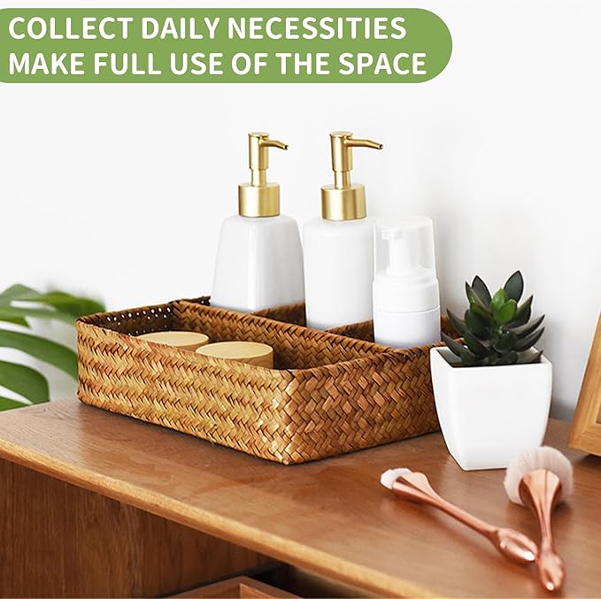 Wicker Baskets 4-Section Tea Bag/Sugar Packet Holder,Seagrass Woven Compartment Organizer,Storage Rattan Divided Basket,Office-Desk Baskets for Shelves,Pantry,Coffee Organizer,Countertops-Brown