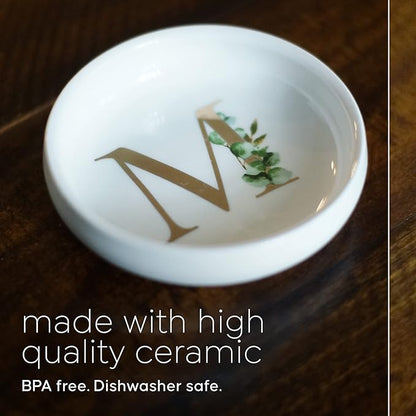 Trinket Tray Jewelry Dish with Monogrammed M in Gold Ring Holder - White Trinket Dish - Personalized Ring Dish or Jewelry Tray - Cedar & Ink (M)
