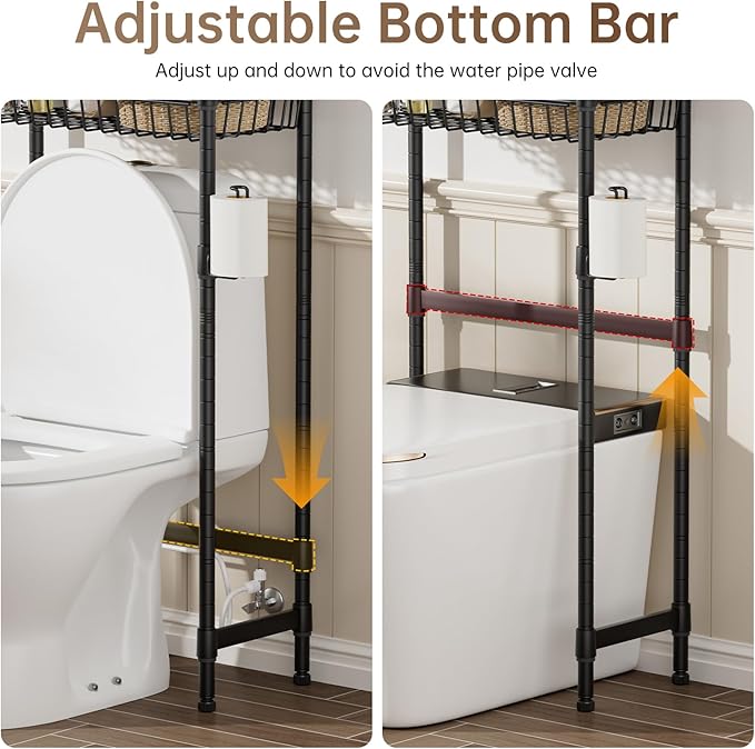 Golpart 3-Tier Over-The-Toilet Storage Shelf,Heavy-Duty Adjustable Bathroom Rack with 2 Mesh Baskets,Toilet Paper Holder & Hooks,Space-Saving Organizer for Bathroom,10”D x 24”W x 66”H,Black
