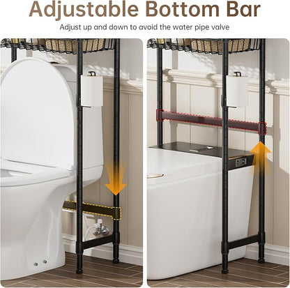 Golpart 3-Tier Over-The-Toilet Storage Shelf,Heavy-Duty Adjustable Bathroom Rack with 2 Mesh Baskets,Toilet Paper Holder & Hooks,Space-Saving Organizer for Bathroom,10”D x 24”W x 66”H,Black