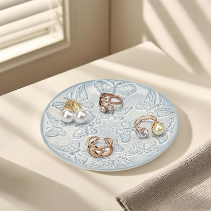 Ceramic Jewelry Dish, Decorative Tray for Rings Earrings Necklaces Bracelet Watch Keys, 4.50" Trinket Tray as Gifts for Women (Antique Butterflies)