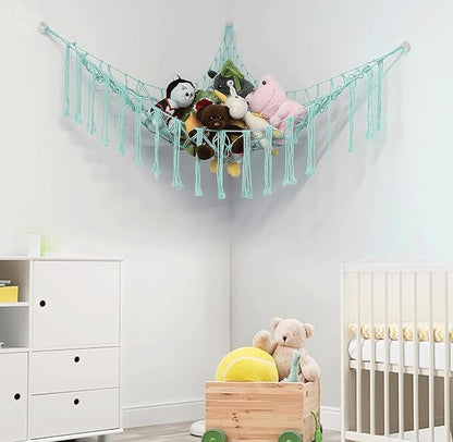 Stuffed Animal Hammock Corner, Hand-knitted Large Plushie Net Toy Hammock with Wooden Rings | Boho Cute Stuff Animal Storage for Nursery & Bedroom | Mesh Kids Toy Organizer Holder Nursery Room Decor