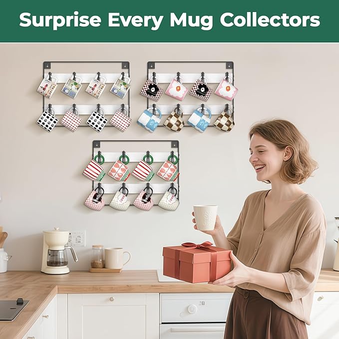 EsLuker.ly Mug Holder Hanger Rack Wall Mounted Wooden 3 Pack Coffee Cup Storage Organizer Display Shelf with 24 Removable Plastic Hooks, Ideal for Mug Collectors, White-Black