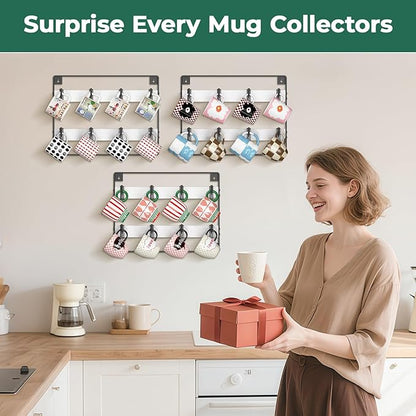 EsLuker.ly Mug Holder Hanger Rack Wall Mounted Wooden 3 Pack Coffee Cup Storage Organizer Display Shelf with 24 Removable Plastic Hooks, Ideal for Mug Collectors, White-Black