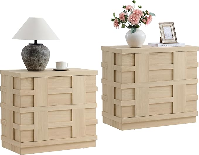 VividVibe Night Stand, Nightstand with Drawers, Bedside Table Large 3D Woven Texture Side Table Bedroom Home Bed, End Table Mid Century Modern Accent Wooden Night Stand Set 2 Light Oak