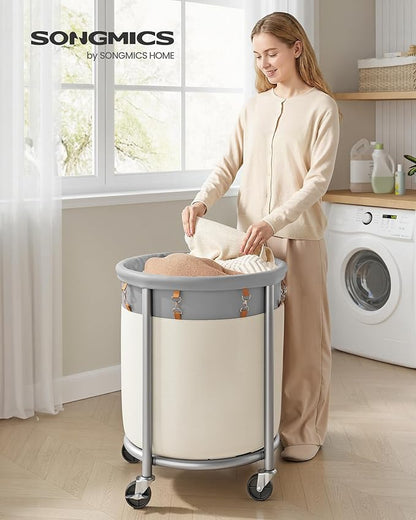SONGMICS 29-Gallon (110 L) Laundry Basket with Wheels, Rolling Round Heavy-Duty Laundry Hamper Cart with Steel Frame and Removable Bag, 2 Locking Wheels, Dove Gray and Cream White URLS002GD02