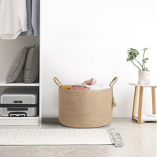 Mkono Extra Large Laundry Basket Woven Storage Baskets for Blankets Toys Clothes Organizer, Decorative Clothes Hamper 21.7" x 13.8"