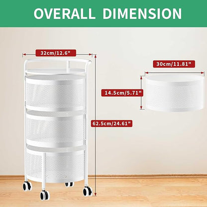 JAQ Vegetables Storage Basket, Rotating Storage Shelves Basket Carts Rack Organizer Bin on Rolling Wheels in Kitchen Household for Fruits Grocery Corns Potatos-(3-Tier,White)