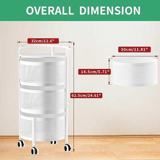 JAQ Vegetables Storage Basket, Rotating Storage Shelves Basket Carts Rack Organizer Bin on Rolling Wheels in Kitchen Household for Fruits Grocery Corns Potatos-(3-Tier,White)