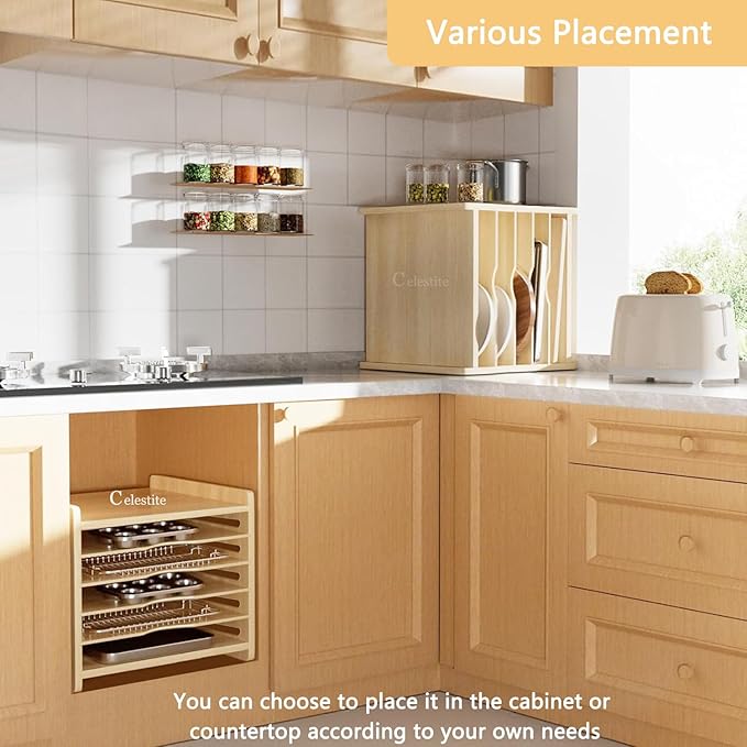 celestite Wooden Tray Dividers for Cabinets, Cookie Sheet Organizer for Cabinet, Baking Sheet Pan Organizer for Kitchen Organizers and Storage (6 Tier 12.4" Wx14.1 Hx16.7 D)