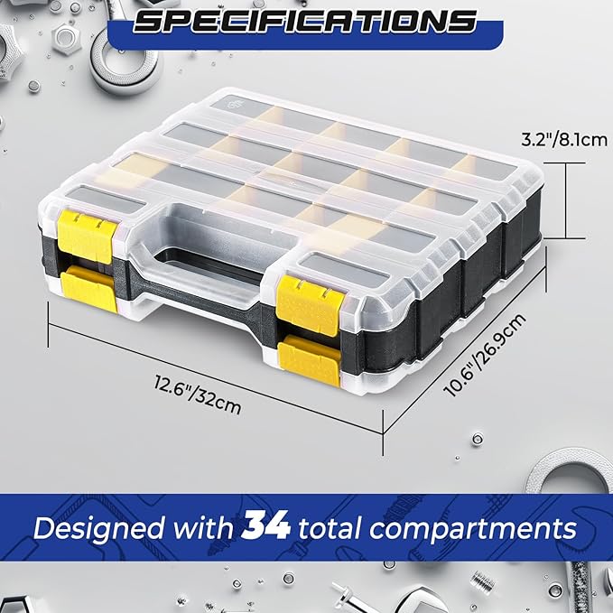 NATGAI 2 Pack Small Parts Organizers, 34-Compartments Double-Sided Tool Box with Removable Dividers for Hardware, Screws, Bolts, Nails & Fishing Accessories, Durable Plastic Storage Case (Yellow)