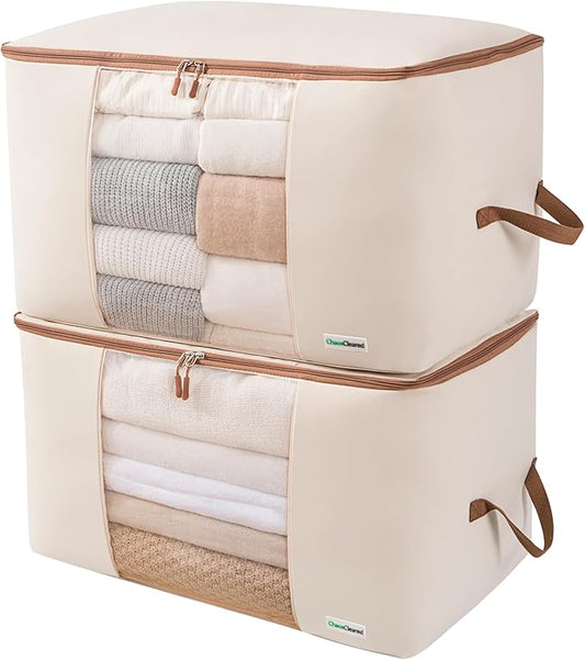 Chaos Cleared Canvas Storage Bags Designer Organizer for Comforters 2 Pack – Seasonal Storage for Pillows, Blankets, Linens & Garments – Foldable Design with Zip & Window, Moth-Proof Space Saver