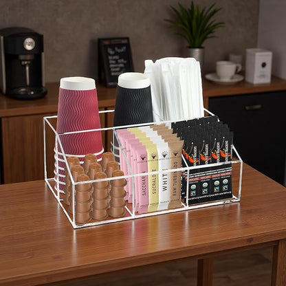 Coffee Bar Station Organizer for Countertop, Acrylic Coffee Pods Sugar Packets Tea Bags Storage Basket for Countertop, Clear