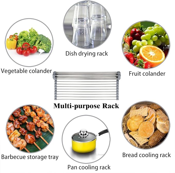 Hhyn Roll-Up Sink Drying Rack 17.7"(L) x 13.8"(W) - Multipurpose Heat Resistant Over The Stainless Steel & Silicone Dish Rollable Kitchen Drainer, Gray