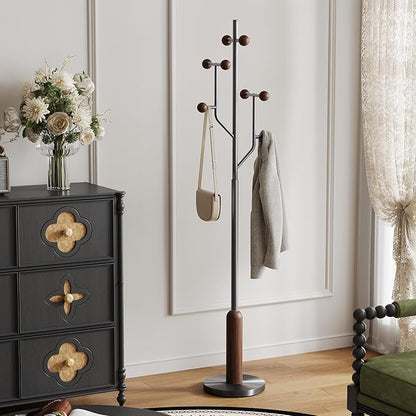 Coat Rack Freestanding with Stainless Steel Marble Base, 8 Wood Ball-shaped Hooks, Heavy-Duty Standing Rack Clother Hanger Rack Metal Coat Tree for Bedroom Entryway, Hat, Bags, Long Dresses