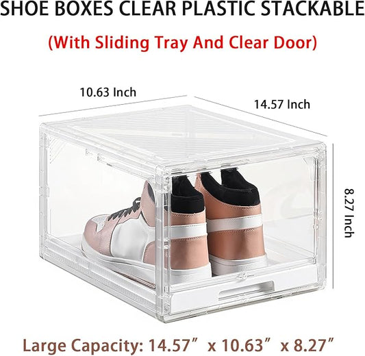 Tangyinus 2 Pack Clear Shoe Boxes - Stackable Sneaker Display Case with Sliding Tray and Door, Large Shoe Containers Up to Fit Size 14, Plastic Shoe Storage Box, Great Hat Organizer for Baseball Caps