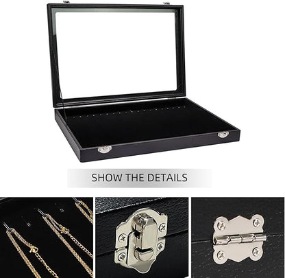 Wudygirl Necklace Organizer 20 Hooks Jewelry Organizer Jewelry Display Stackable Glass Top Lockable Black Velvet Boxes(Necklace Tray)