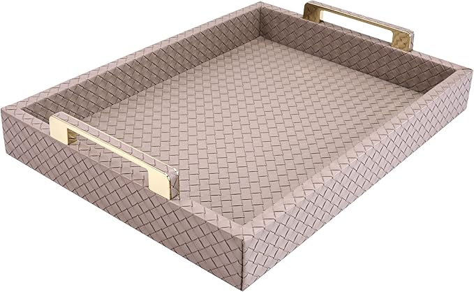 Decorative Serving Tray for Coffee Table, 16"x12" Large Rectangular Ottoman Tray with Gold Handles Faux Leather Serving Trays for Home Decor Living Room, Kitchen and Bedroom -Tan