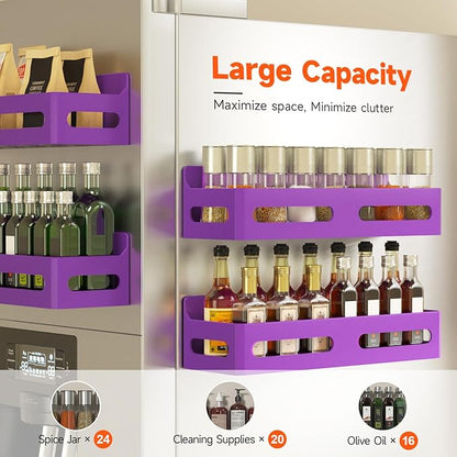 4 Pack Strong Magnetic Spice Rack for Refrigerator, Multipurpose Magnetic Shelf for Fridge with 4 Hooks for kitchen and Bathroom Organization, Purple