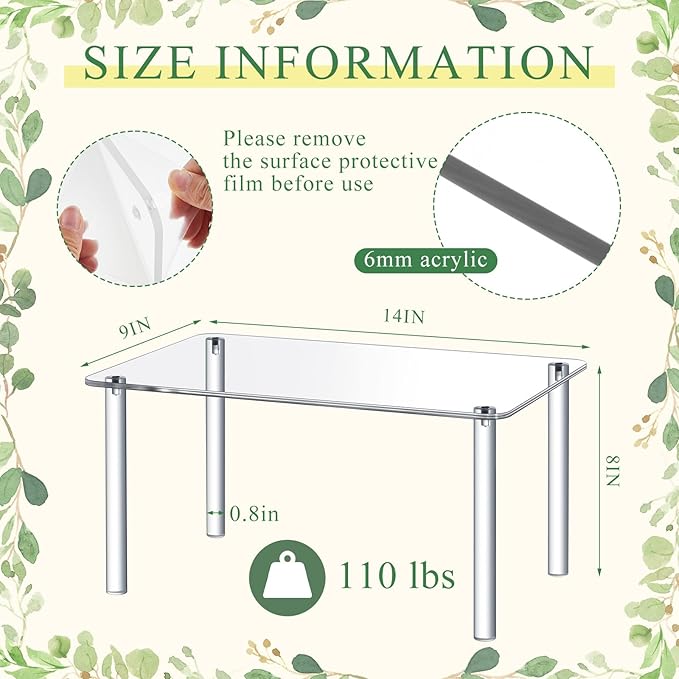1 Pcs 14 Inch Acrylic Risers Display Stands Rectangular 4-leg Acrylic Plant Stand, 6mm Thick Clear Shelf Riser Display Stands for Decor Collectibles Figures and Item Photography