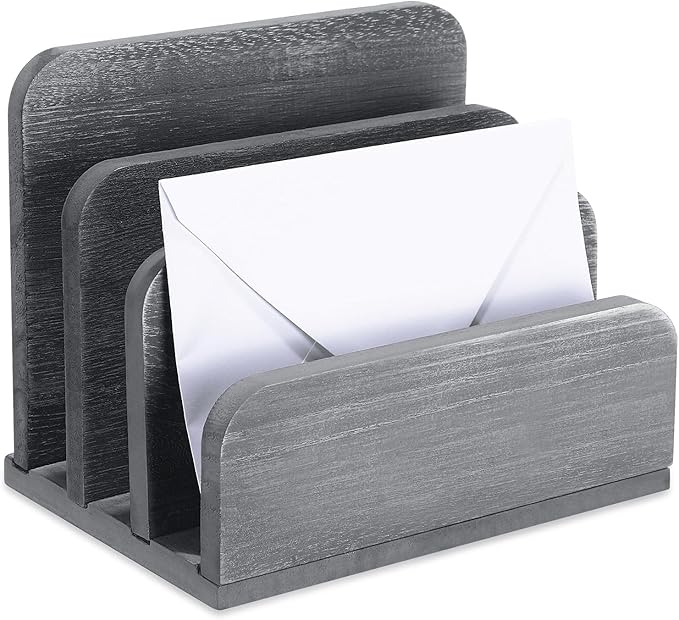Wooden Mail Holder 3 Slots Mail Organizer for Desk Wood File Paper Letter Sorter for Letter Envelope Filing Cell Phone Document Storage, Organizer Tray for Office and Home (Grey)