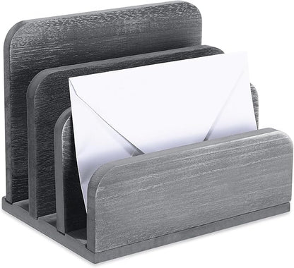 Wooden Mail Holder 3 Slots Mail Organizer for Desk Wood File Paper Letter Sorter for Letter Envelope Filing Cell Phone Document Storage, Organizer Tray for Office and Home (Grey)