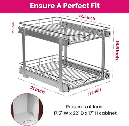 HOLDN’ STORAGE Two Tier Pull Out Cabinet Organizer, Individual Sliding Drawers - Heavy Duty Metal with Lifetime Limited Warranty - Anti Rust Chrome Finish - 17" W x 21”D x 16.5" H