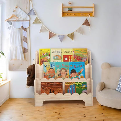 Kids Bookshelf Wooden 3-Tier, Scalloped Book Shelf for Kids Rooms, Front Facing Toddler Montessori Bookshelf, Baby Nursery Book Shelves Kid Classroom Book Shelf Bookcase