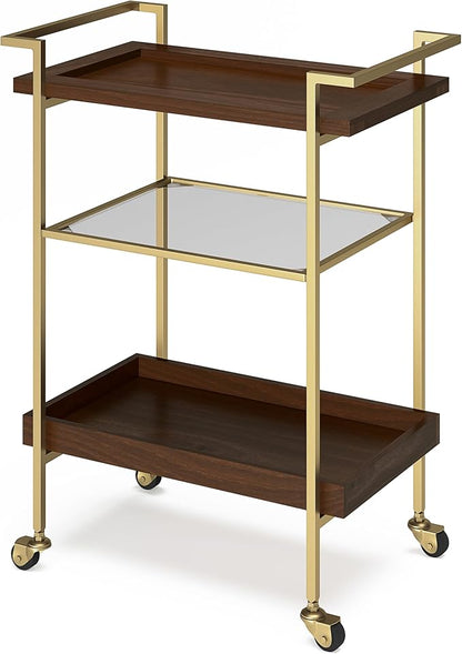 SIMPLIHOME Jace SOLID MANGO WOOD Industrial Contemporary 26 inch Wide Bar Cart in Cognac for the Living room, dining room and kitchen