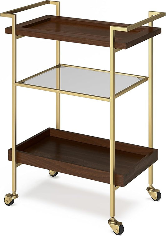 SIMPLIHOME Jace SOLID MANGO WOOD Industrial Contemporary 26 inch Wide Bar Cart in Cognac for the Living room, dining room and kitchen
