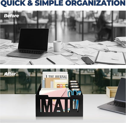 Mail Organizer Countertop – Black Holder for Desk with 4 Slots & Label Tags, Decorative Desktop Sorter, Bill Storage and Envelope Tray for Organized Home Office Accessories (11x7x8 in)