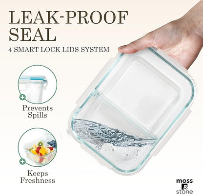 Moss and Stone Rectangular Borosilicate Glass Meal Food Containers - Prep Food Storage Containers Airtight - Snap Locking Lids – Microwave, Oven, Freezer, Dishwasher Safe – with 2 Compartment 2 Pack