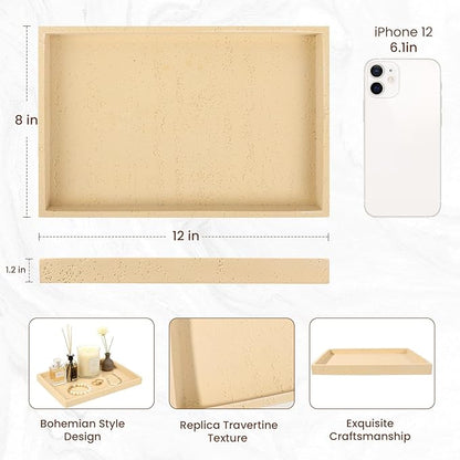 Artificial Travertine Tray, 12"x8" Perfume Tray for Bathroom Counter, Vanity, Home Organizer, Decorative Marble Trays for Perfume, Jewelry, Candles, Coffee, Rectangle, Yellow