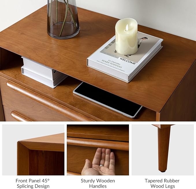 HULALA HOME End Table with Charging Station, Mid-Century Modern 2 Drawer and Open Shelf, Fluted End Table（Acorn, Set of 2）