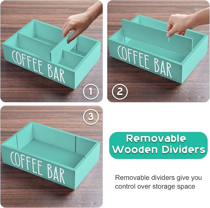 ALELION Turquoise Coffee Station Organizer with Removable Dividers - K Cup Pod Holder Storage Basket for Sugar, Tea - Teal Coffee Bar Kitchen Decor Accessories Organizer for Countertop