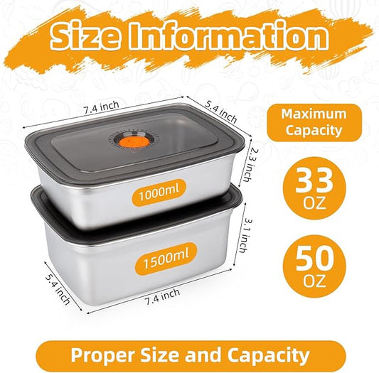2 PCS Stainless Steel Food Storage Containers(50oz+33oz) with Lids Leak Proof & Airtight | Stainless steel freezer Containers,Airtight Bento Lunch Box,For Meal Prep,Fruit,Snack,Freezer