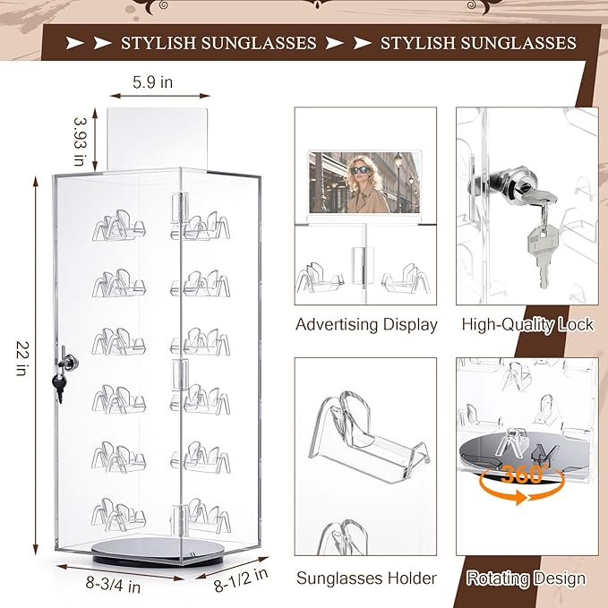 Colingmill Acrylic Lockable Rotating Sunglasses Display Case Acrylic Sunglasses Display Stand Eyewear Organizer Case with Sign Holder, Holds up to 24 Pairs of Glasses