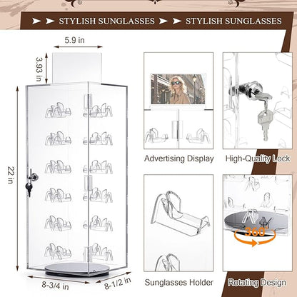 Colingmill Acrylic Lockable Rotating Sunglasses Display Case Acrylic Sunglasses Display Stand Eyewear Organizer Case with Sign Holder, Holds up to 24 Pairs of Glasses